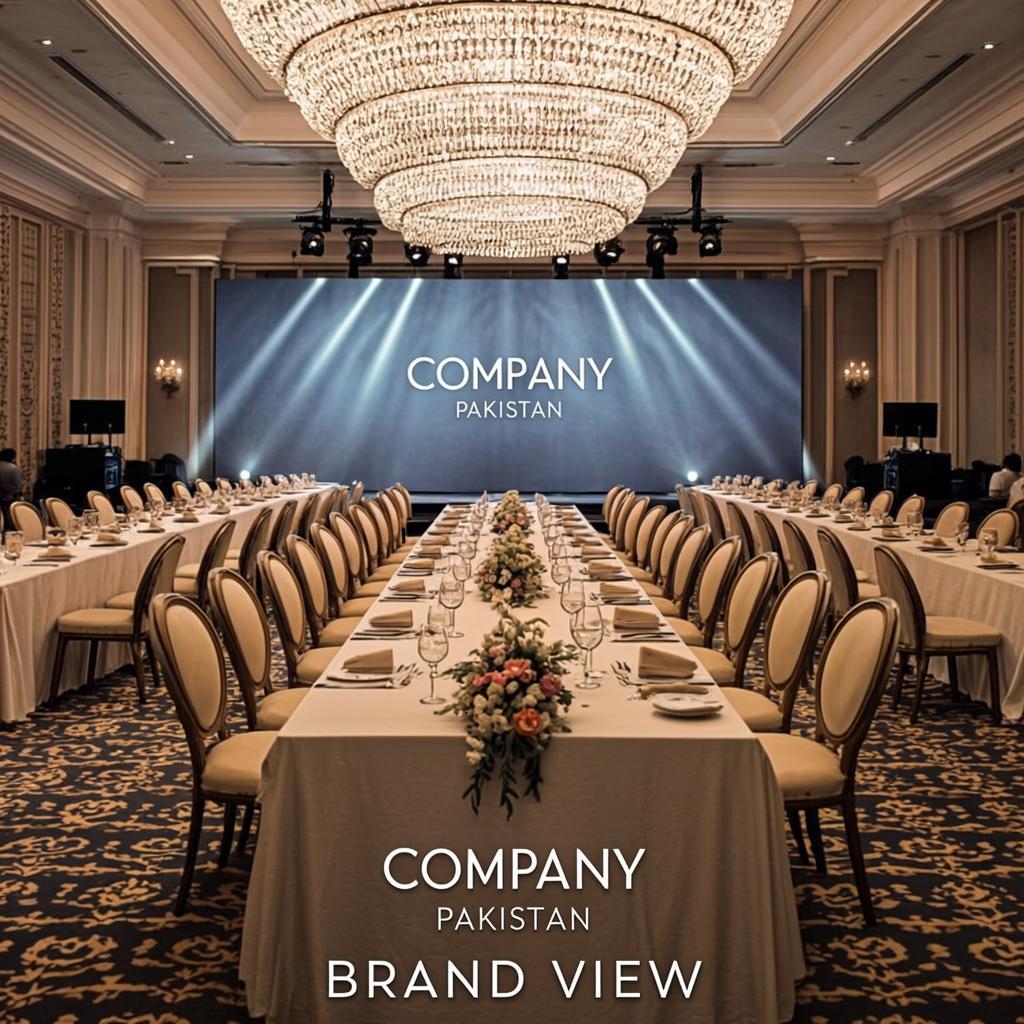 Corporate event dinner in luxury hotel ballroom with professional lighting