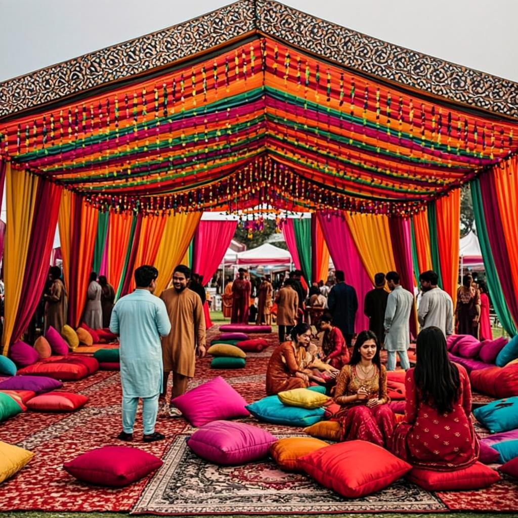Outdoor tent rental setup with colorful fabric draping for mehndi event