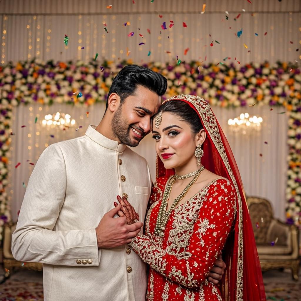 Beautiful Pakistani wedding couple on decorated stage with floral backdrop