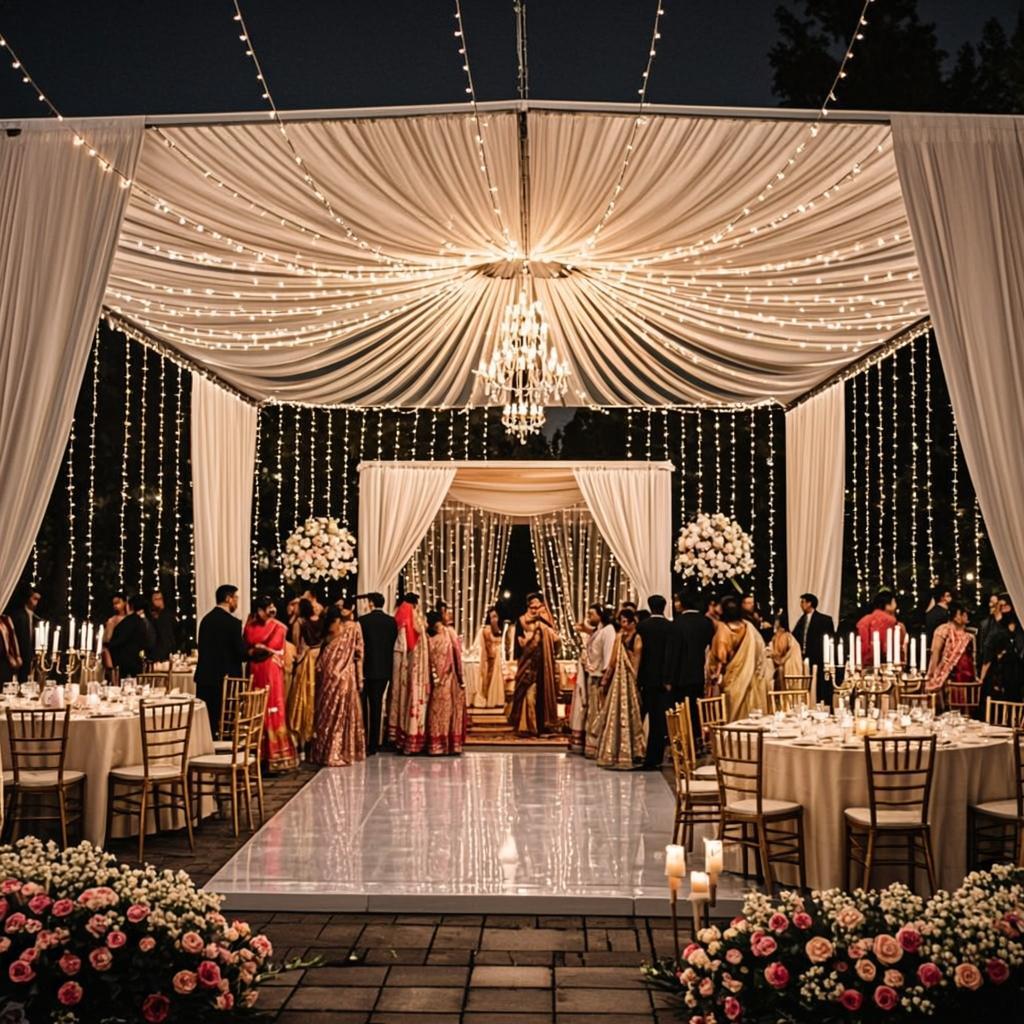 Elegant outdoor Pakistani wedding reception with white tent and fairy lights
