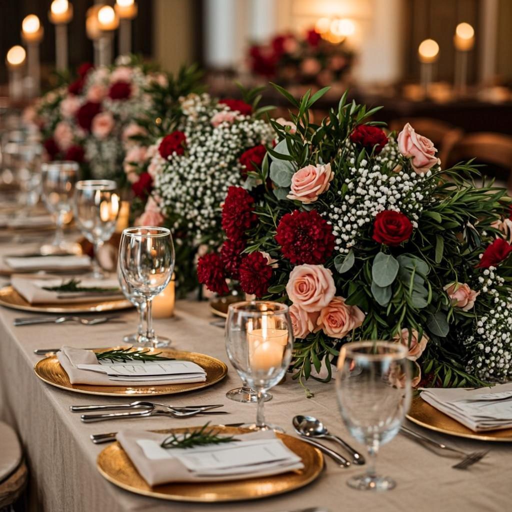 Luxury wedding dining table with gold charger plates and crystal glasses