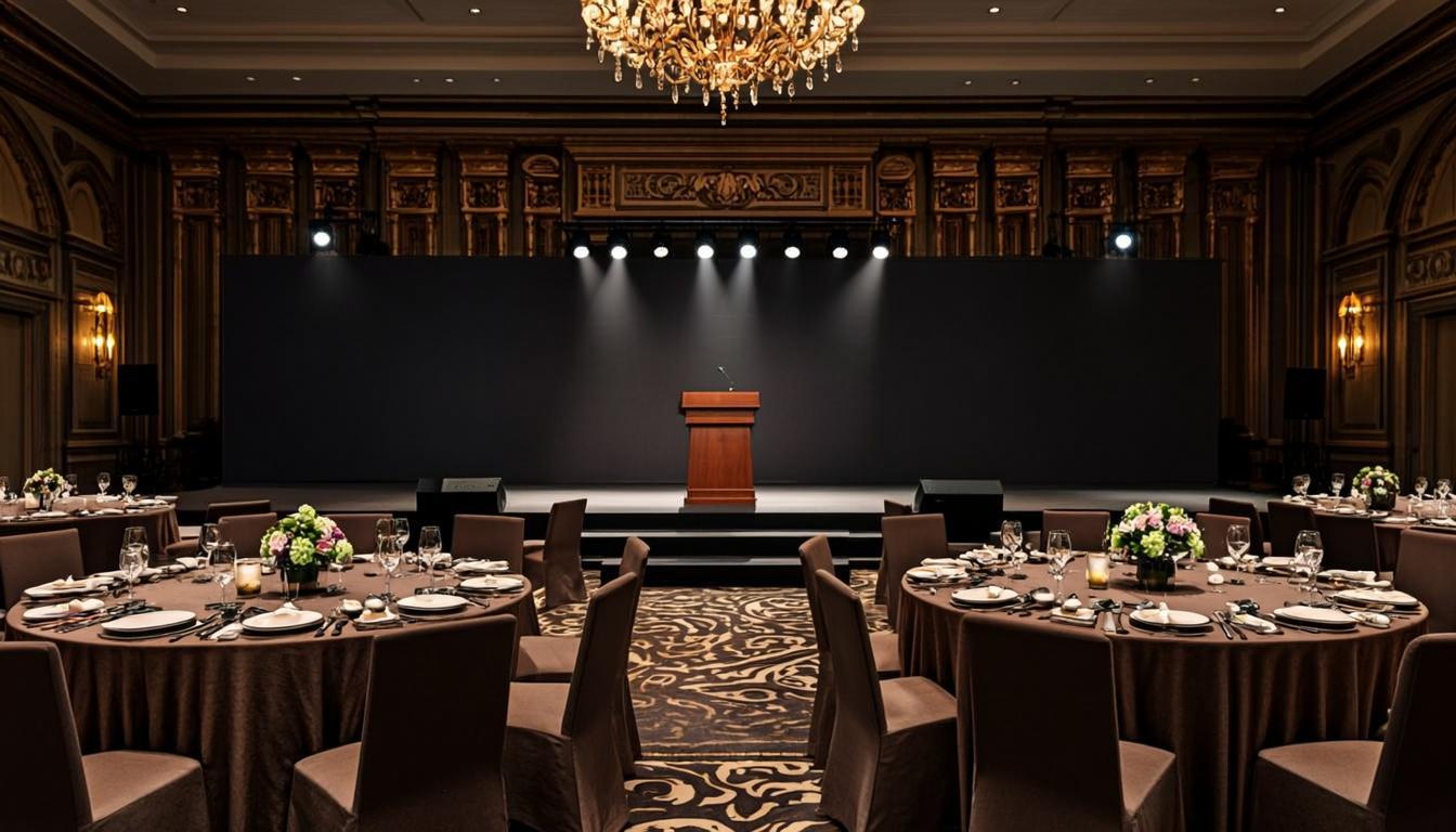 Professional corporate event setup in a luxury ballroom
